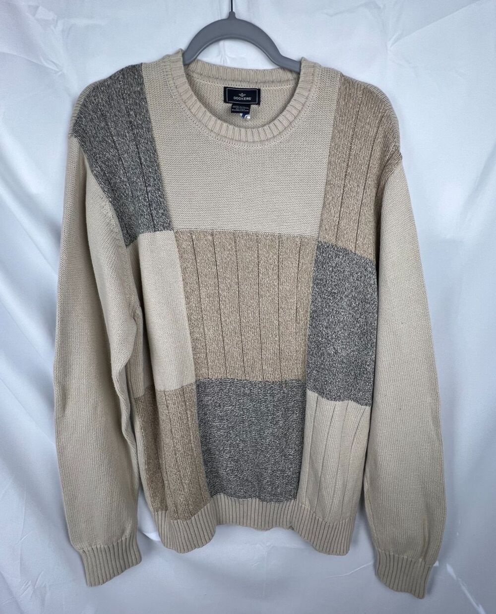 Dockers Color Block Crewneck Sweater Men's XL Cotton Beige Gray Ribbed Knit